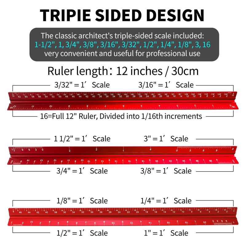 Rena Chris 2PCS Architectural Scale Ruler, 12"" Aluminum Architect Scale, Triangular Scale, Scale Ruler, Triangle Ruler, Drafting Ruler, Architect Ruler, Metal Scale Ruler, Architecture Ruler(Red+Blue) - Image 4